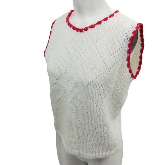 Vintage Nan Dorsey Pullover Sweater Vest Size M Eyelet Knit Crochet White Red - Picture 7 of 11